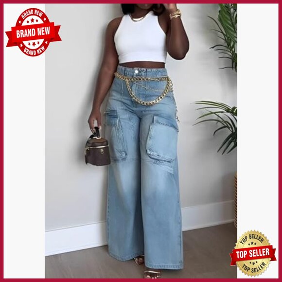 High Waist Wide Leg Jeans Distressed Raw Hem Y2K Baggy Boyfriend Denim - Picture 3 of 7